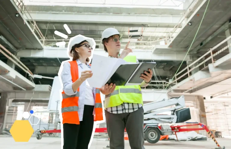 Deux professionnels du bâtiment en gilet de sécurité et casque blanc discutent sur un chantier en consultant des plans de construction.