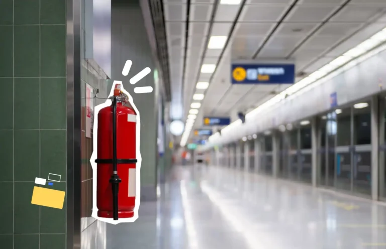 Extincteur rouge fixé au mur dans un couloir moderne, symbole de la prévention et de la sécurité incendie en entreprise.