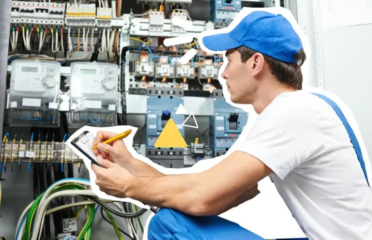 Technicien vérifiant un tableau électrique avec un multimètre et une tablette, illustrant la formation BS BE Manoeuvre dédiée à la sécurité des interventions électriques – Axio-Protech