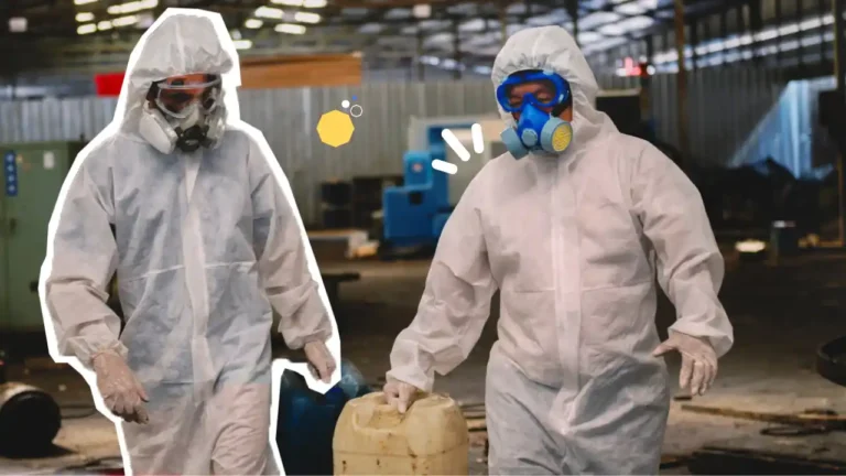 Deux opérateurs en combinaison intégrale et masque de protection manipulent des bidons de produits dangereux dans une zone industrielle, illustrant la prévention du risque chimique en entreprise.