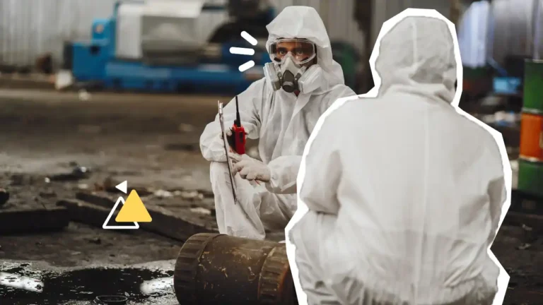 Deux techniciens en combinaison de protection ATEX effectuent un contrôle de sécurité dans une zone industrielle à risque d’explosion, équipés de masques respiratoires et d’un détecteur de gaz.