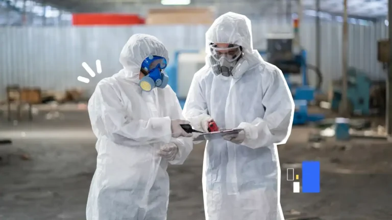 Deux techniciens en combinaison de protection ATEX consultent une tablette et des instruments de mesure dans une zone industrielle, illustrant la vérification de sécurité et la prévention des risques d’explosion.