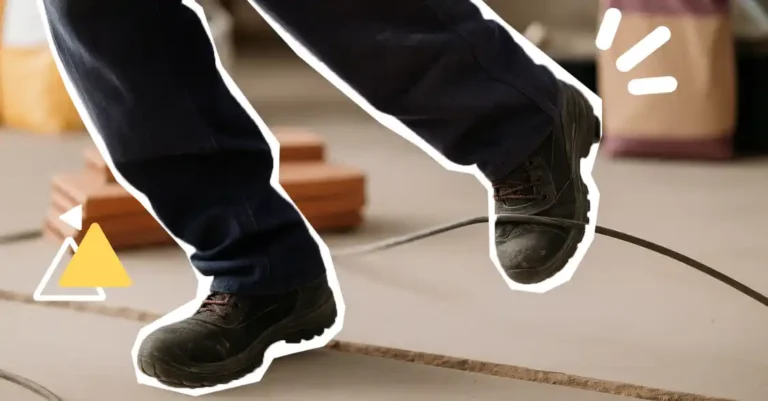 Un travailleur chaussé de chaussures de sécurité trébuche sur un câble électrique au sol, illustrant un risque de chute de plain-pied sur chantier.