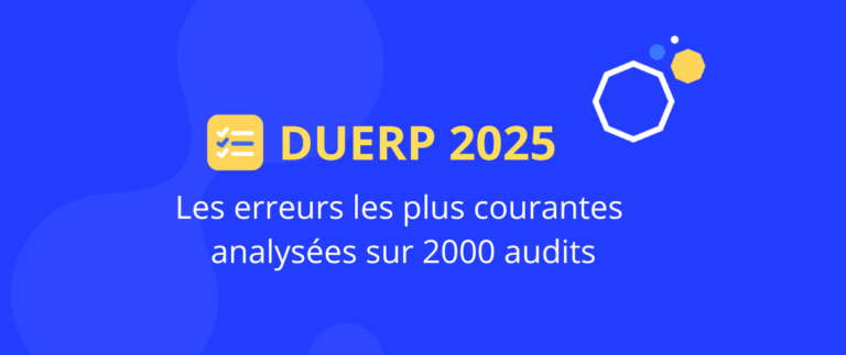 Visuel de présentation DUERP 2025 mettant en avant les erreurs les plus courantes identifiées sur 2000 audits, fond bleu avec icônes graphiques.